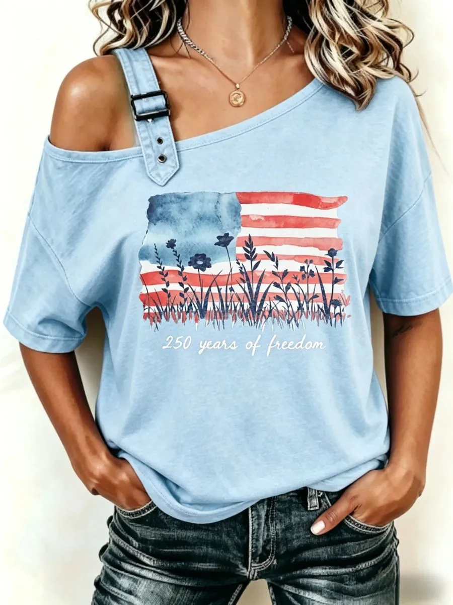 Ladies' 250th Anniversary Celebration Oblique Shoulder Printed Top