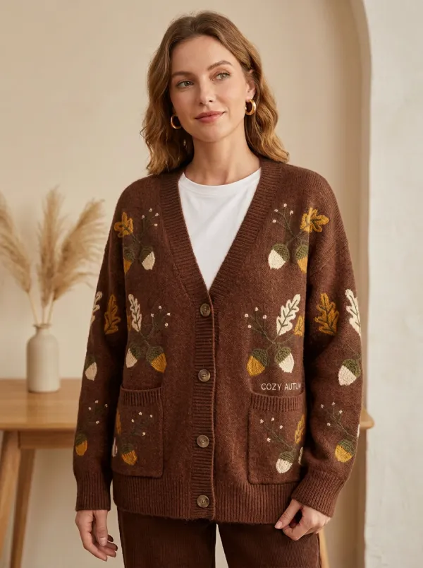 Botanical Acorn Oak Leaf Embroidered Women's Knit Cardigan