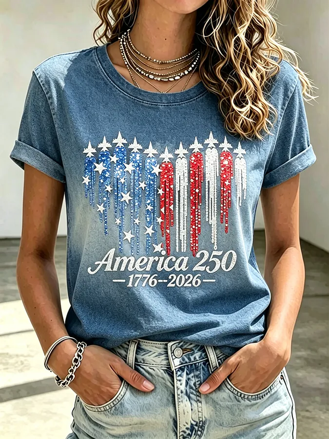 Ladies' Casual American 250Th Anniversary Commemorative Sequin Personalized Printed Round Neck Short Sleeved T-Shirt
