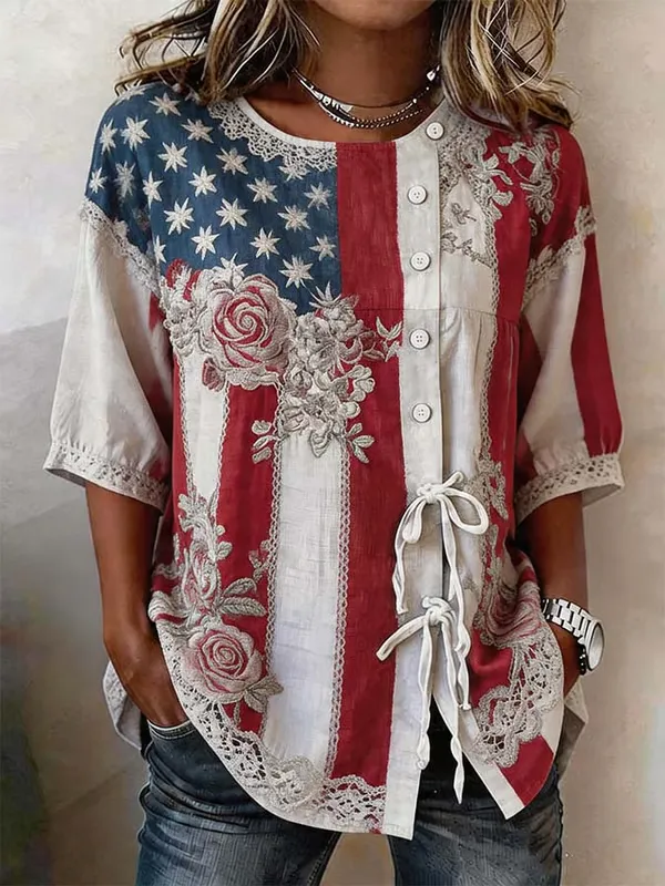 Women'S Independence Day Floral Printed Cotton And Linen Top