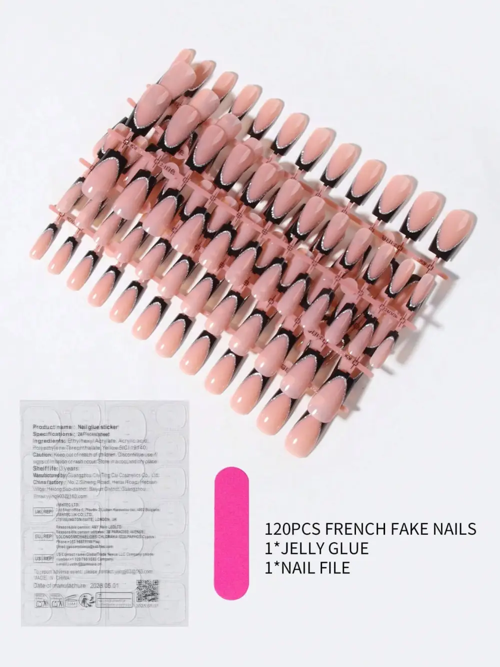 Nailhour 24Pcs French Rhinestone Medium Square Press On Nails