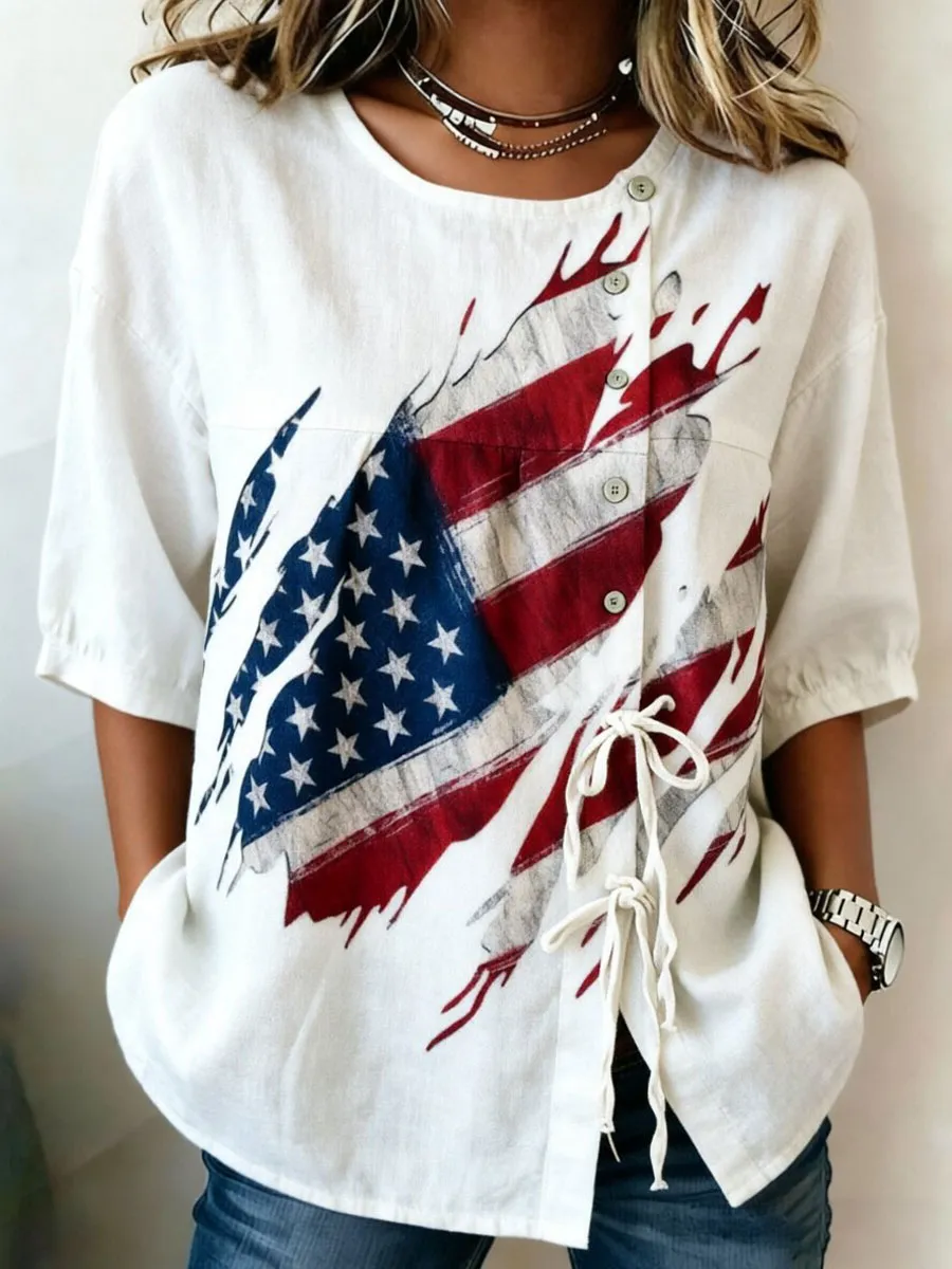 Women's Cotton Linen USA 250th Anniversary Print Shirt