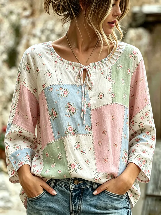 Ladies' Casual Patchwork Personalized Printed Cotton And Linen Rope Top