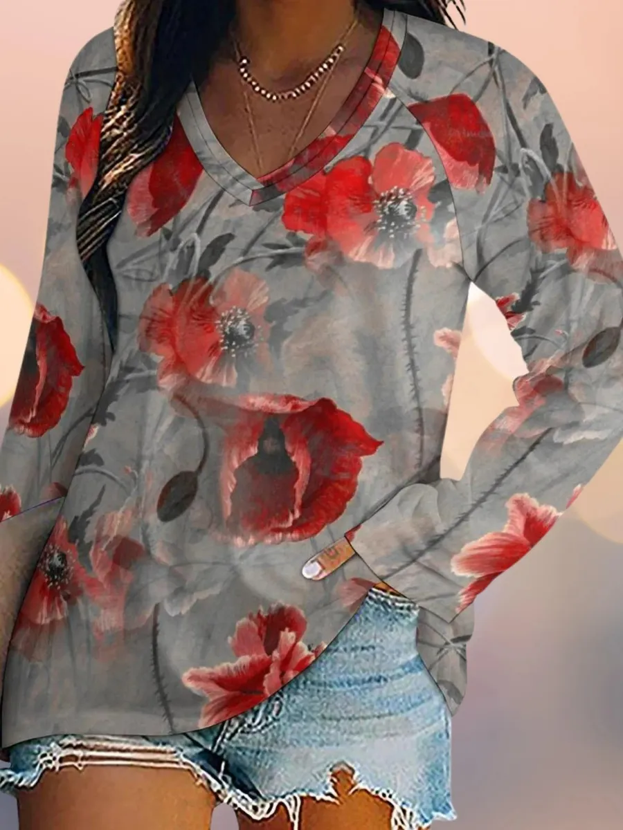 Artistic Floral V-Neck T-Shirt