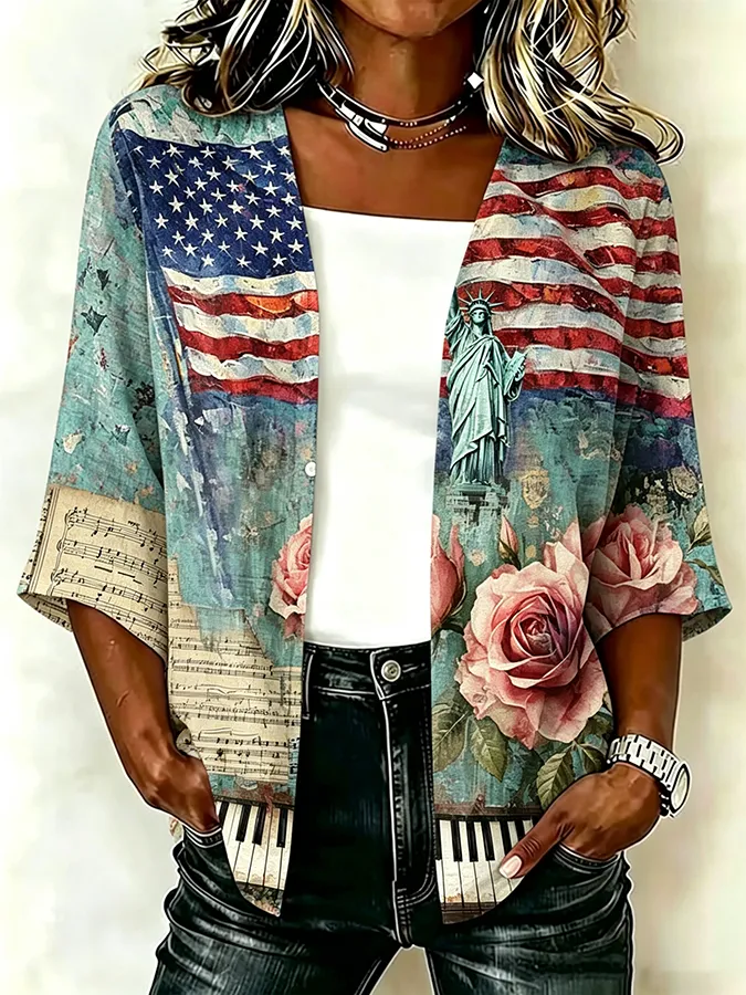 Ladies' Casual American Flag Gradient Floral Personalized Printed Cardigan