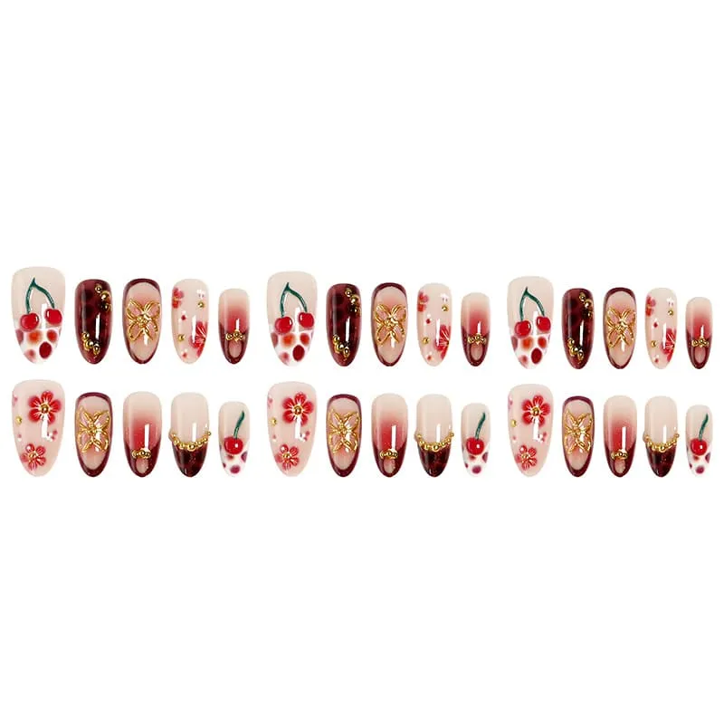 Nailhour 30Pcs Gilded Cherry Medium Almond French Press On Nails