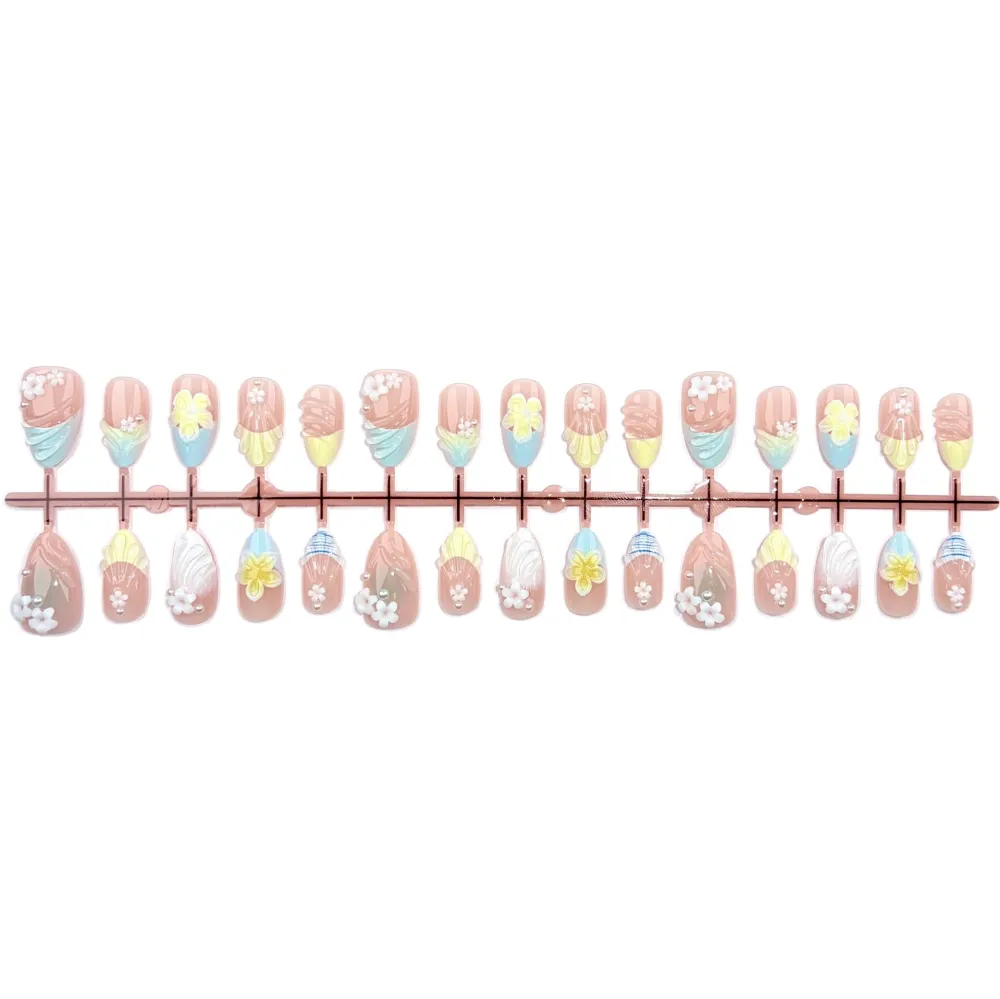 Nailhour 30Pcs Fresh & Simple Floral 3D Medium Almond French Press On Nail