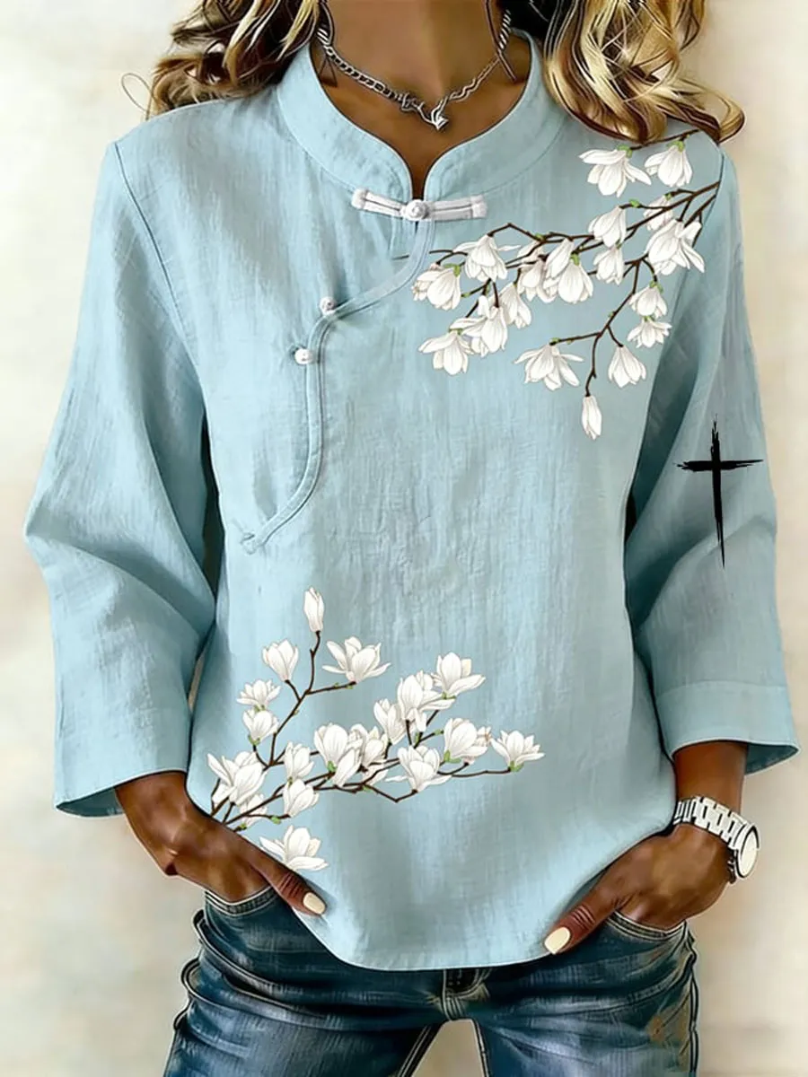 Women'S Cotton And Linen Floral Print Top