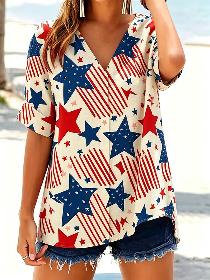 Women's Casual American 250Th Anniversary Pentagram Printed Top