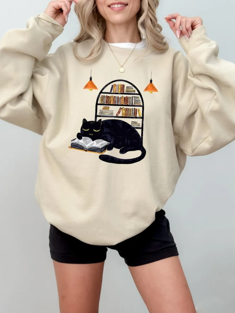 Cat Reading Graphic Sweatshirt