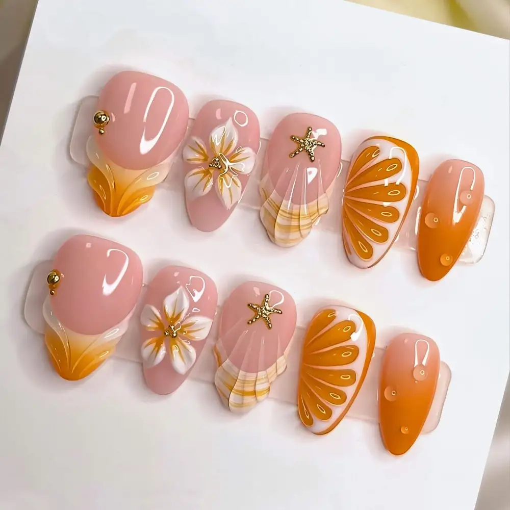 Nailhour 24Pcs French Medium Almond 3D Seashell Fantasy Press On Nails