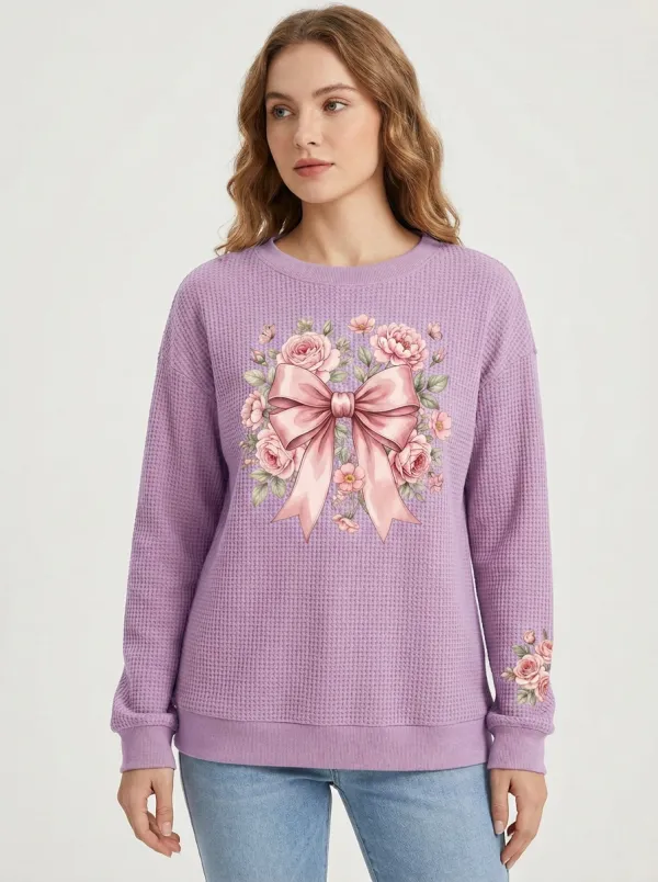 Women's Breast Cancer Awareness Pink Bow Floral Printed Waffle Sweatshirt