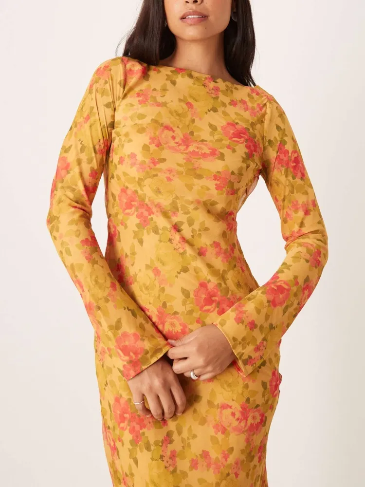 Floral Design Boat Neck Dress