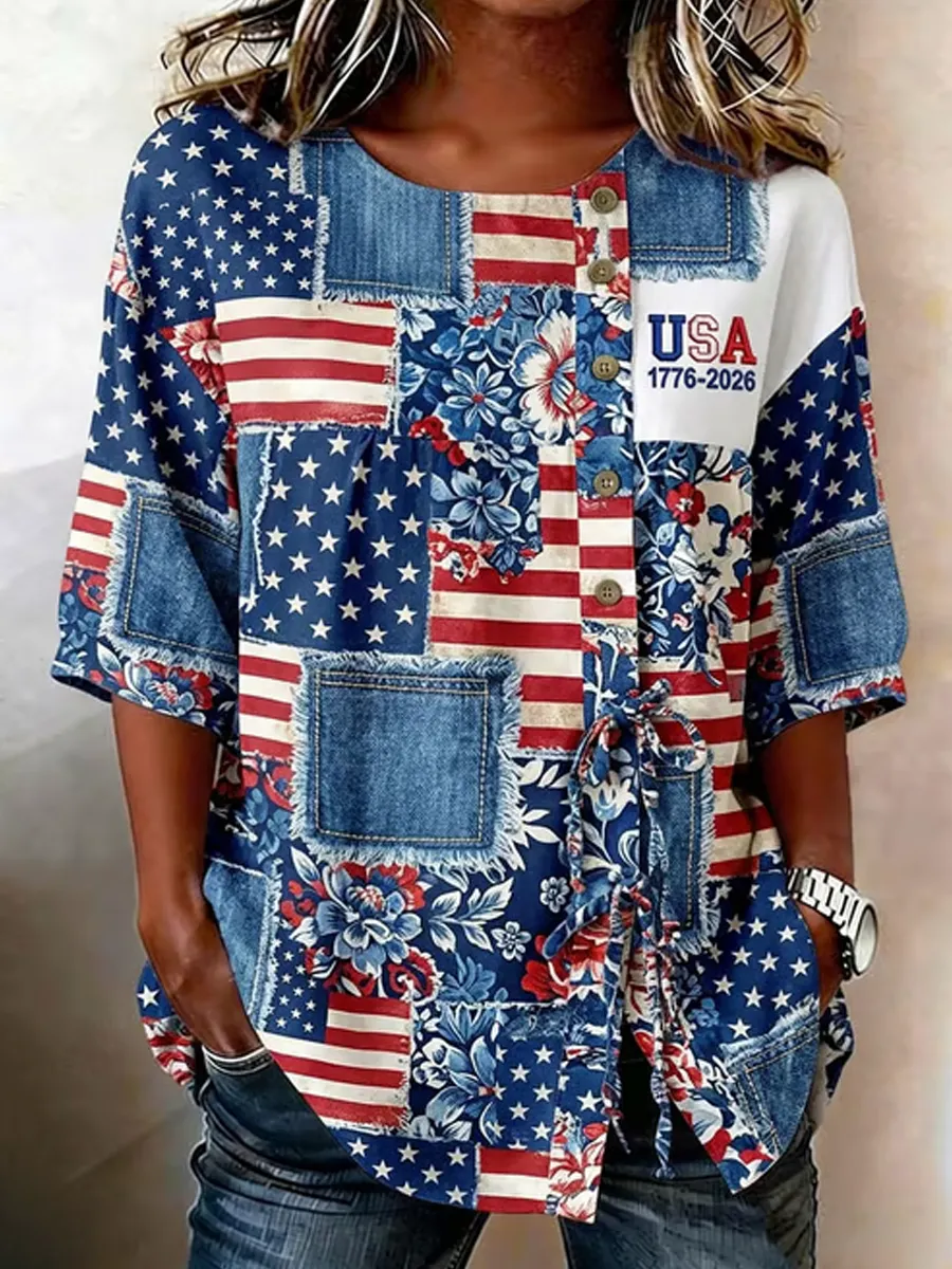 Women'S Retro American Flag Art Round Neck Button Up Shirt