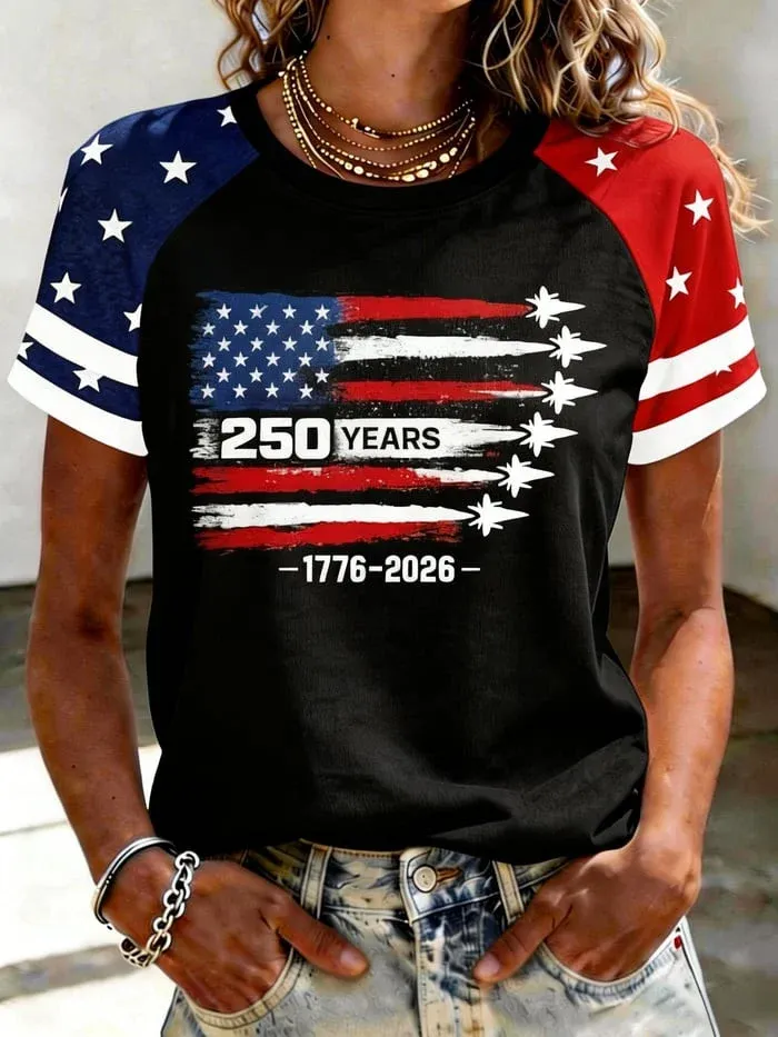 Ladies' Casual American 1776-2026 Founding Celebration Printed Shoulder Collar T-Shirt