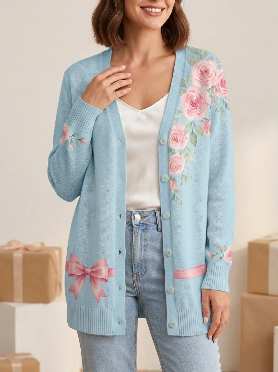 Women's Breast Cancer Awareness Pink Rose Bow Printed Cardigan