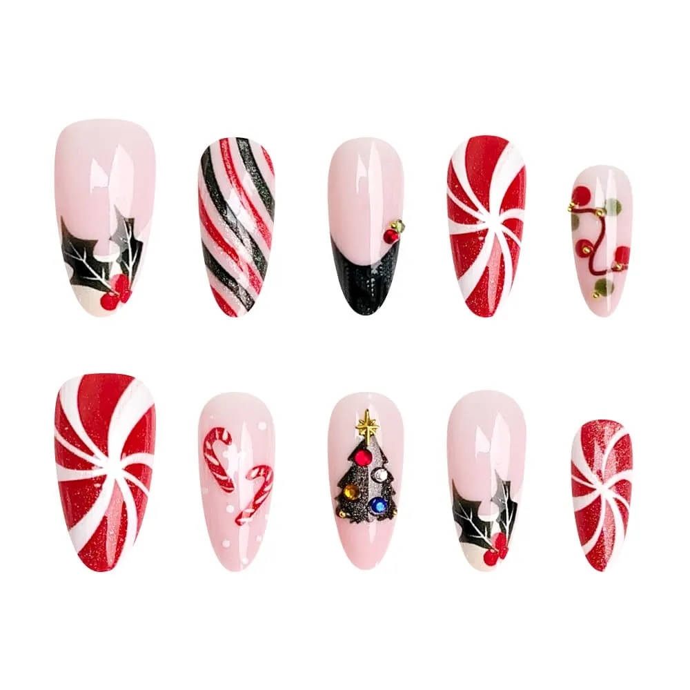 Nailhour 30Pcs Christmas Candy Cane Medium Almond French Press On Nails