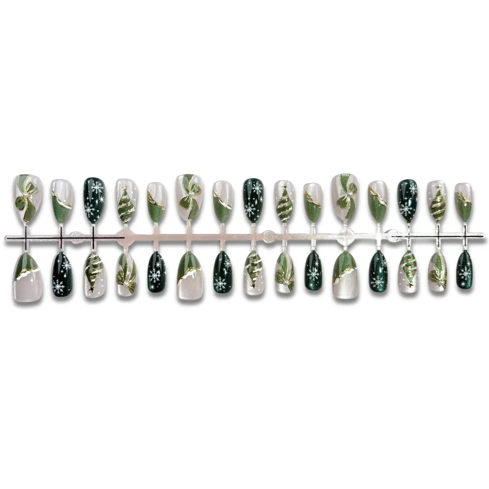 Nailhour 30Pcs Green Christmas Medium Almond French Press On Nails