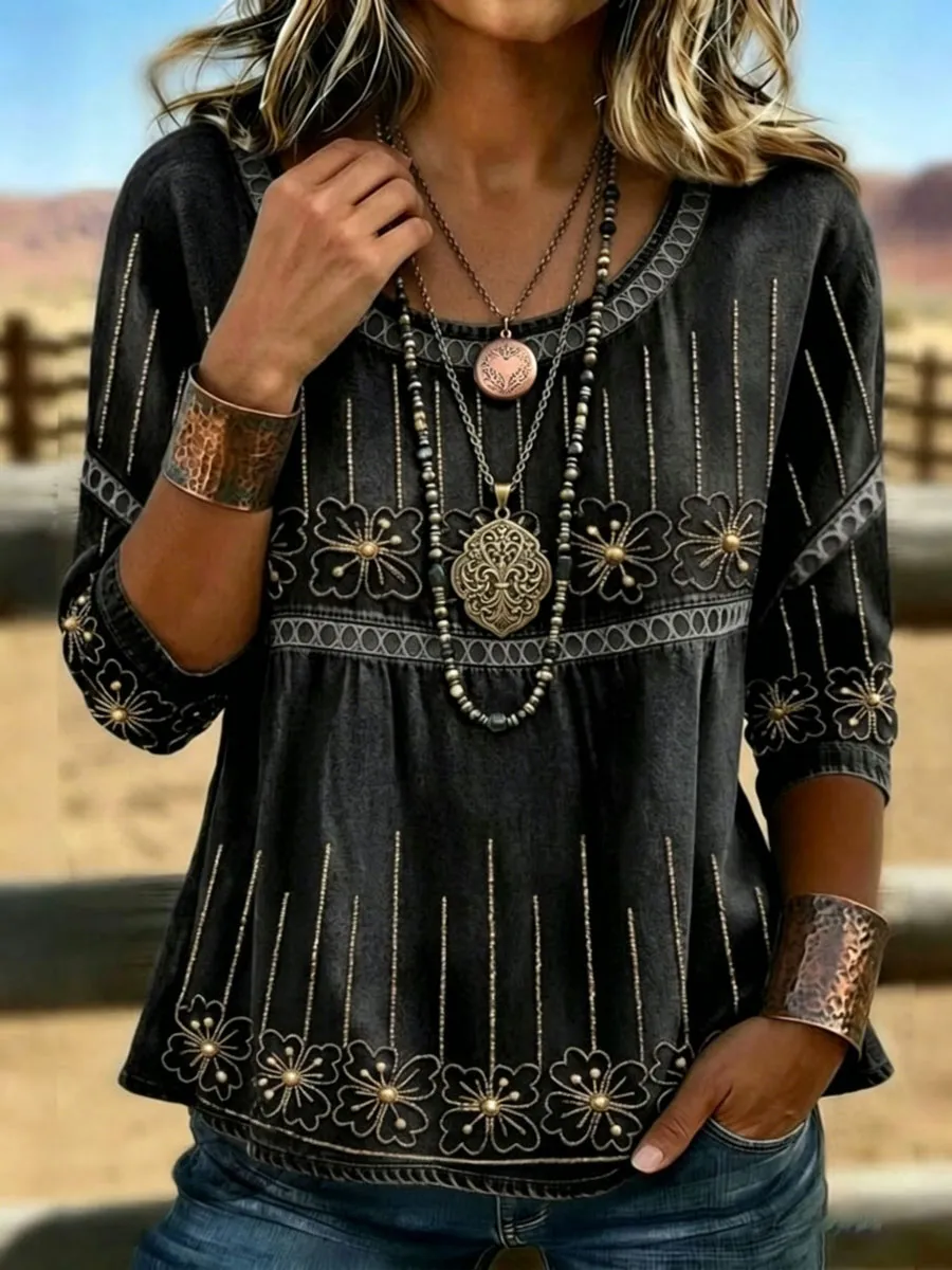 Vintage Floral Art Print Casual Sleeves Hollow Denim Shirt