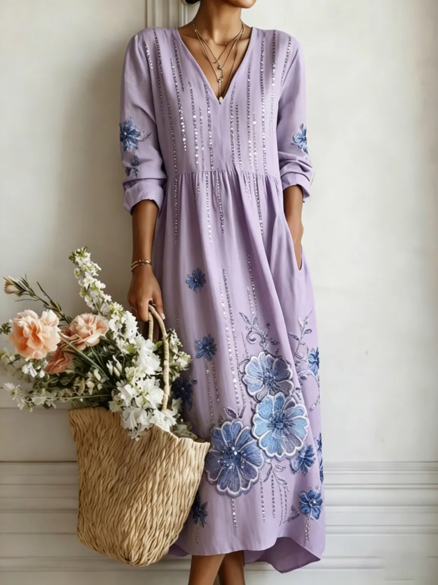 Elegant Floral Print Women's Linen Long-Sleeve Maxi Dress