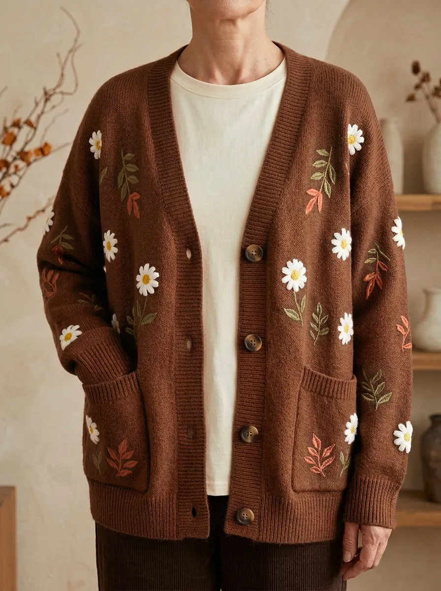 Daisy Floral Embroidered Women's Knit Cardigan