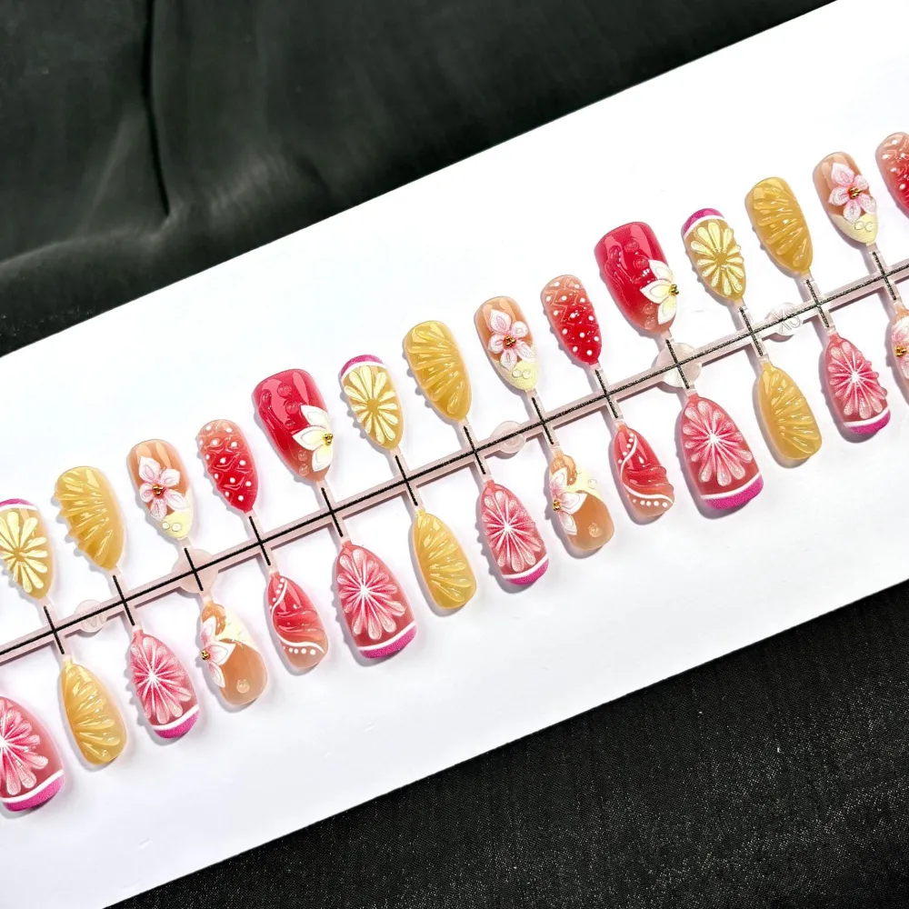Nailhour 30Pcs Handmade Floral 3D Medium Almond French Press On Nails