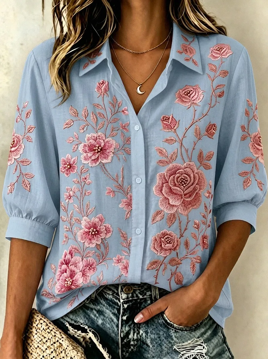 Women's Breast Cancer Awareness Pink Rose Floral Embroidered Button-up Shirt