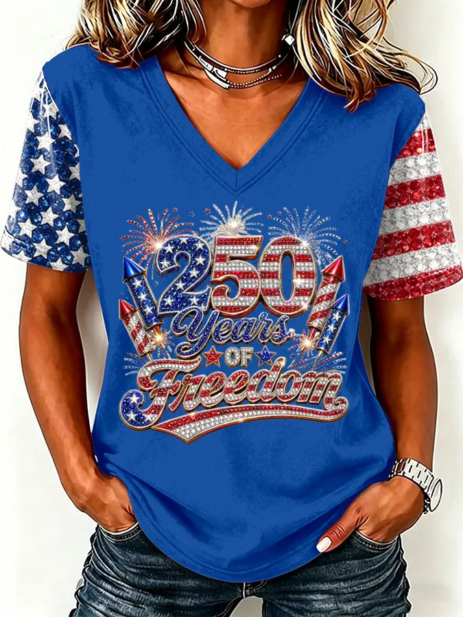 Women'S America Flag Print Casual V-Neck T-Shirt