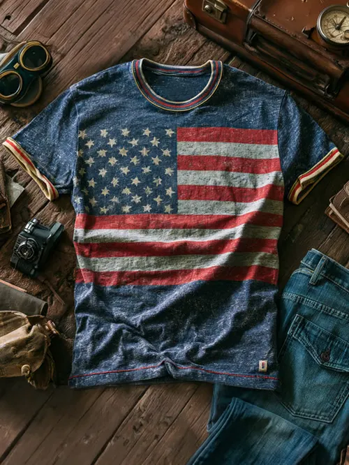 Men's Retro Patriotic Color-Block Crew Neck Short-Sleeve T-Shirt