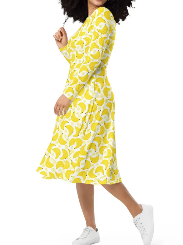 Banana Print Long Sleeve Midi Dress