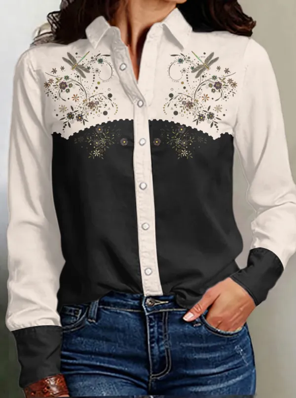 Women's Floral Dragonfly Print Western Long Sleeve Shirt
