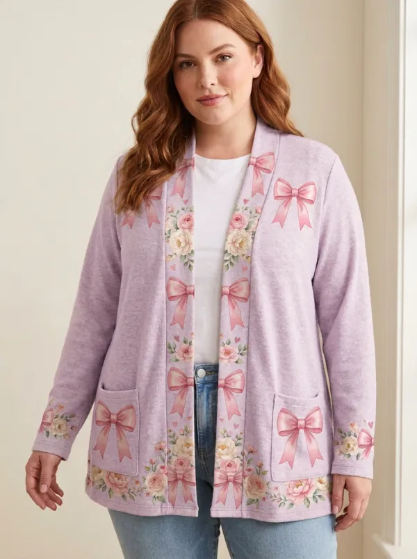 Women's Breast Cancer Awareness Pink Bow Floral Printed Cardigan