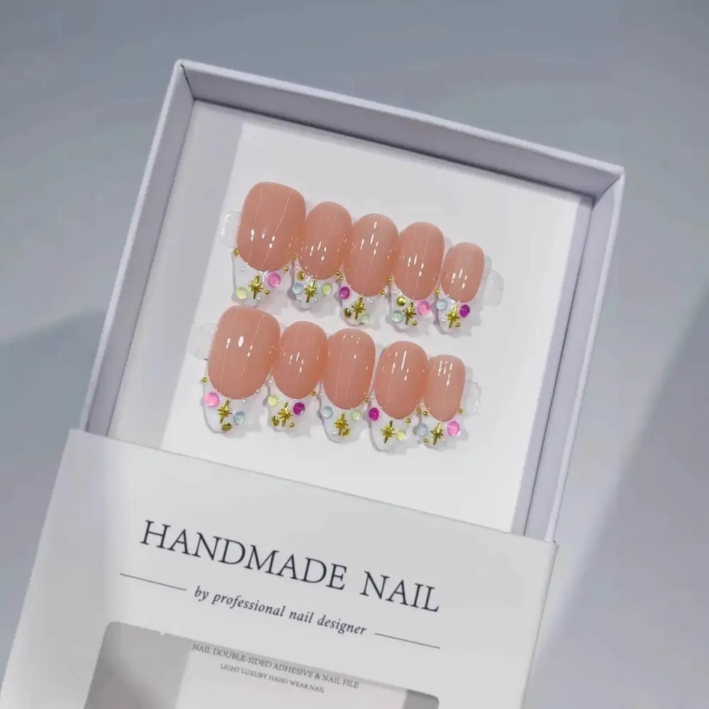 Nailhour 10Pcs 3D French Medium Almond Floral Press On Nails