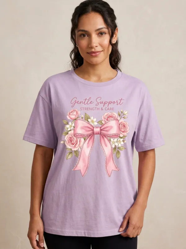 Women's Breast Cancer Awareness Pink Bow Floral Printed T-shirt