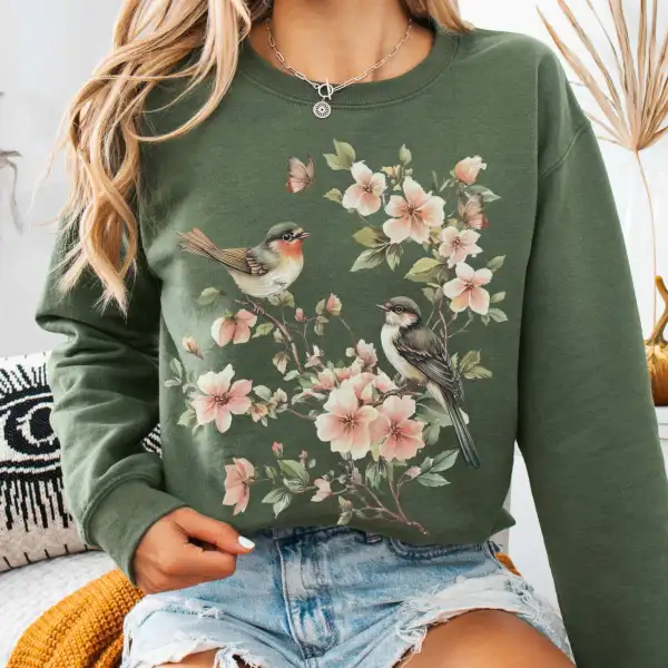 Whimsical Birds And Floral Cottagecore Sweatshirt