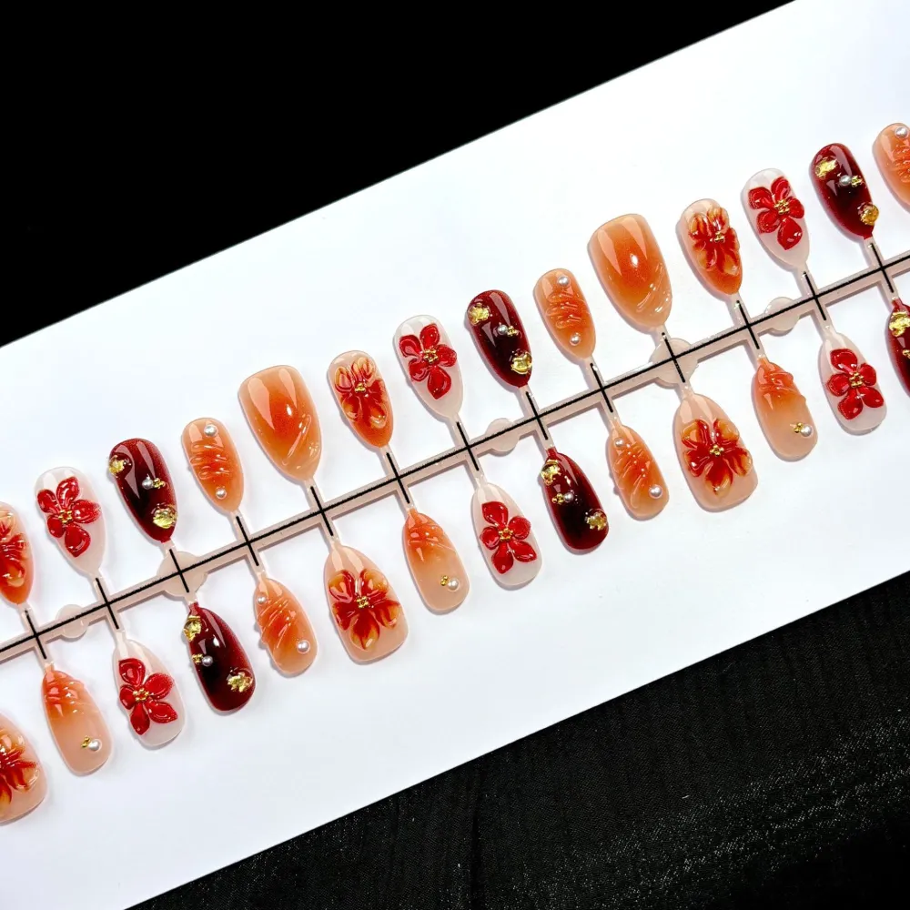 Nailhour 30Pcs Autumn Gilded 3D Medium Almond Almond On Nails