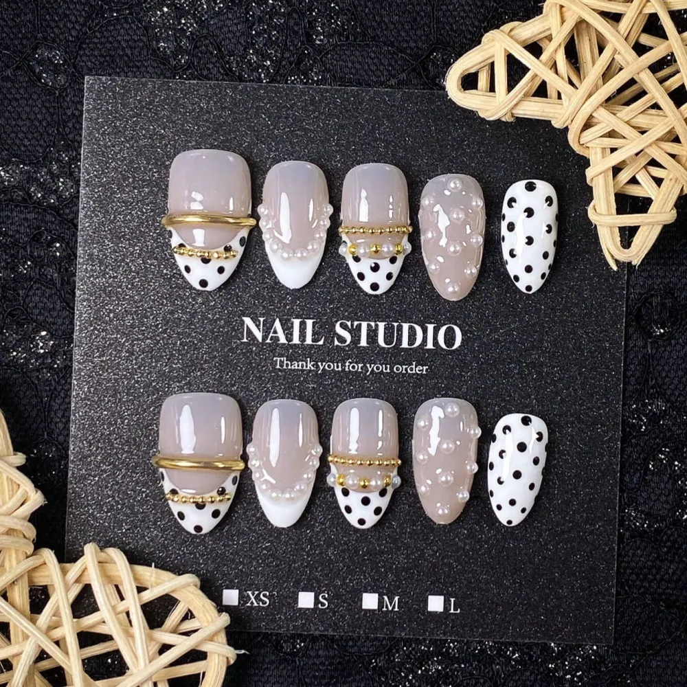 Nailhour 10Pcs Handmade French Medium Almond 3D Polka Dot Press On Nails