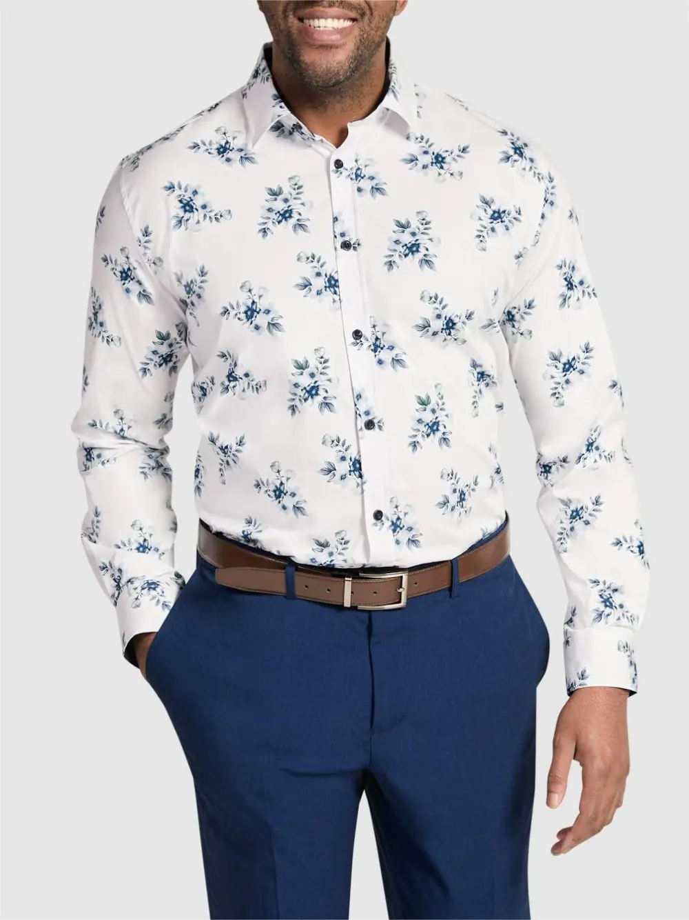 Navy Casual Floral Long Sleeve Shirts