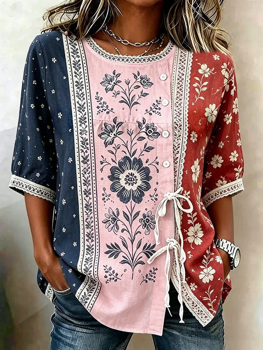 Women's Cotton Linen Floral Floral 250th Anniversary Digital Print Top