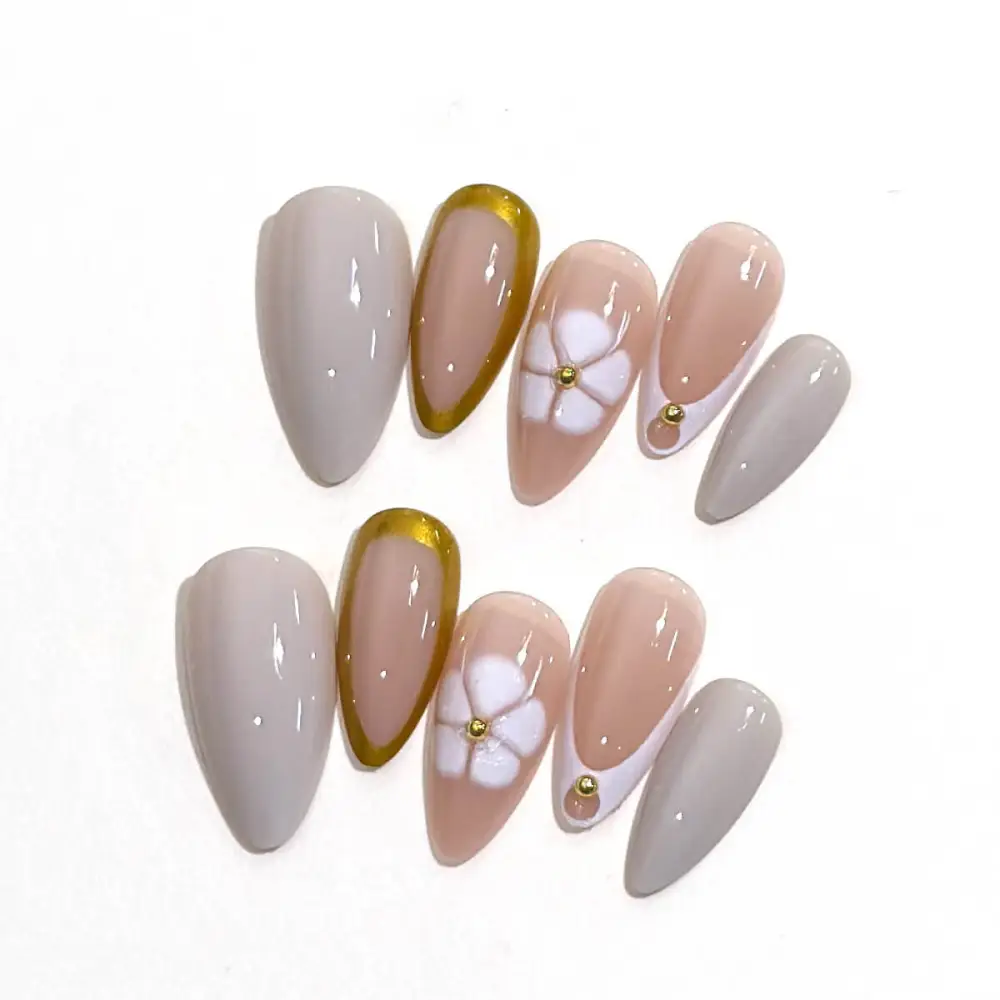 Nailhour 24Pcs French Nude Gilded Short Almond Press On Nails