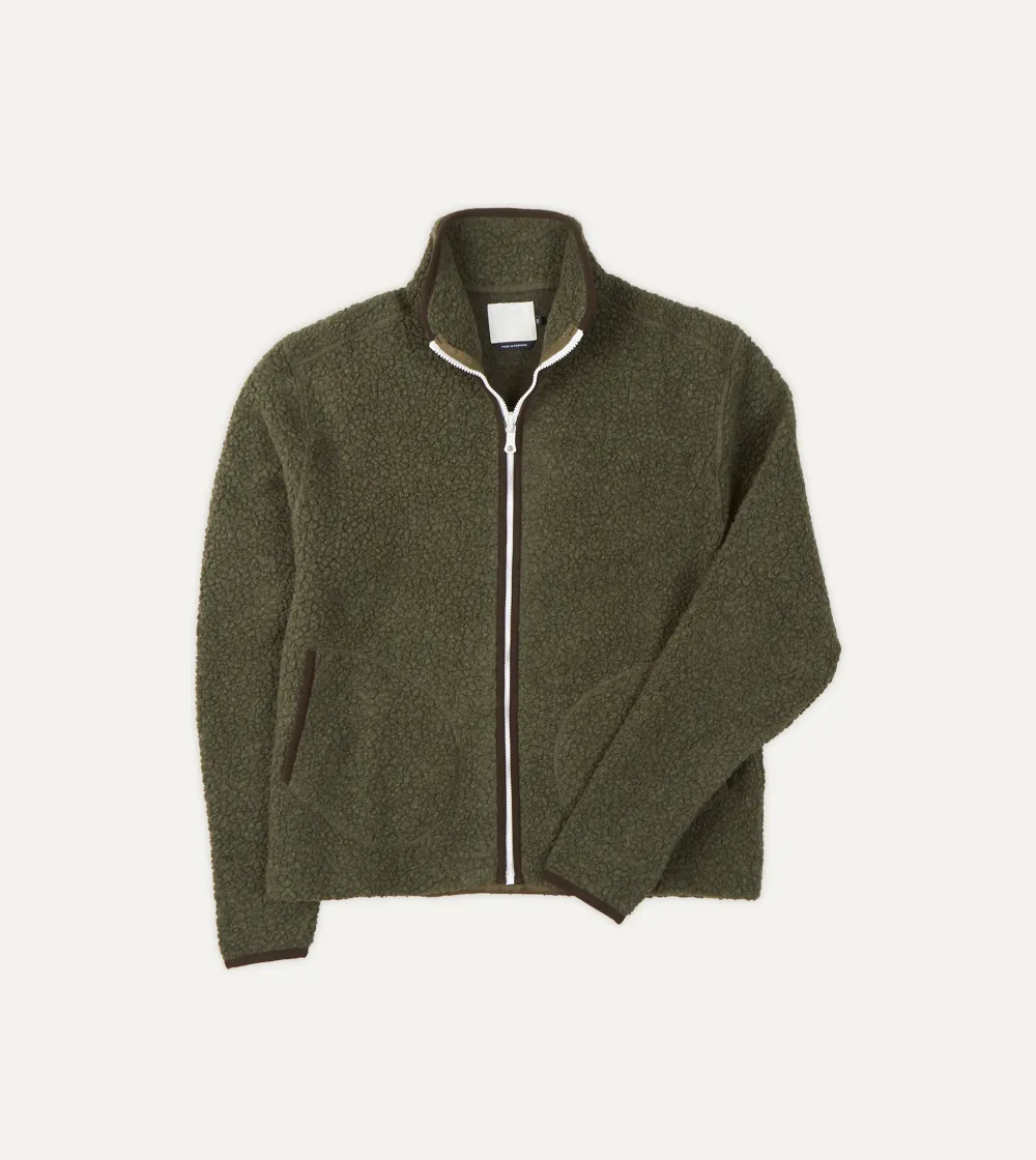 Casual Style Green Boucle Wool Zip Fleece Jackets