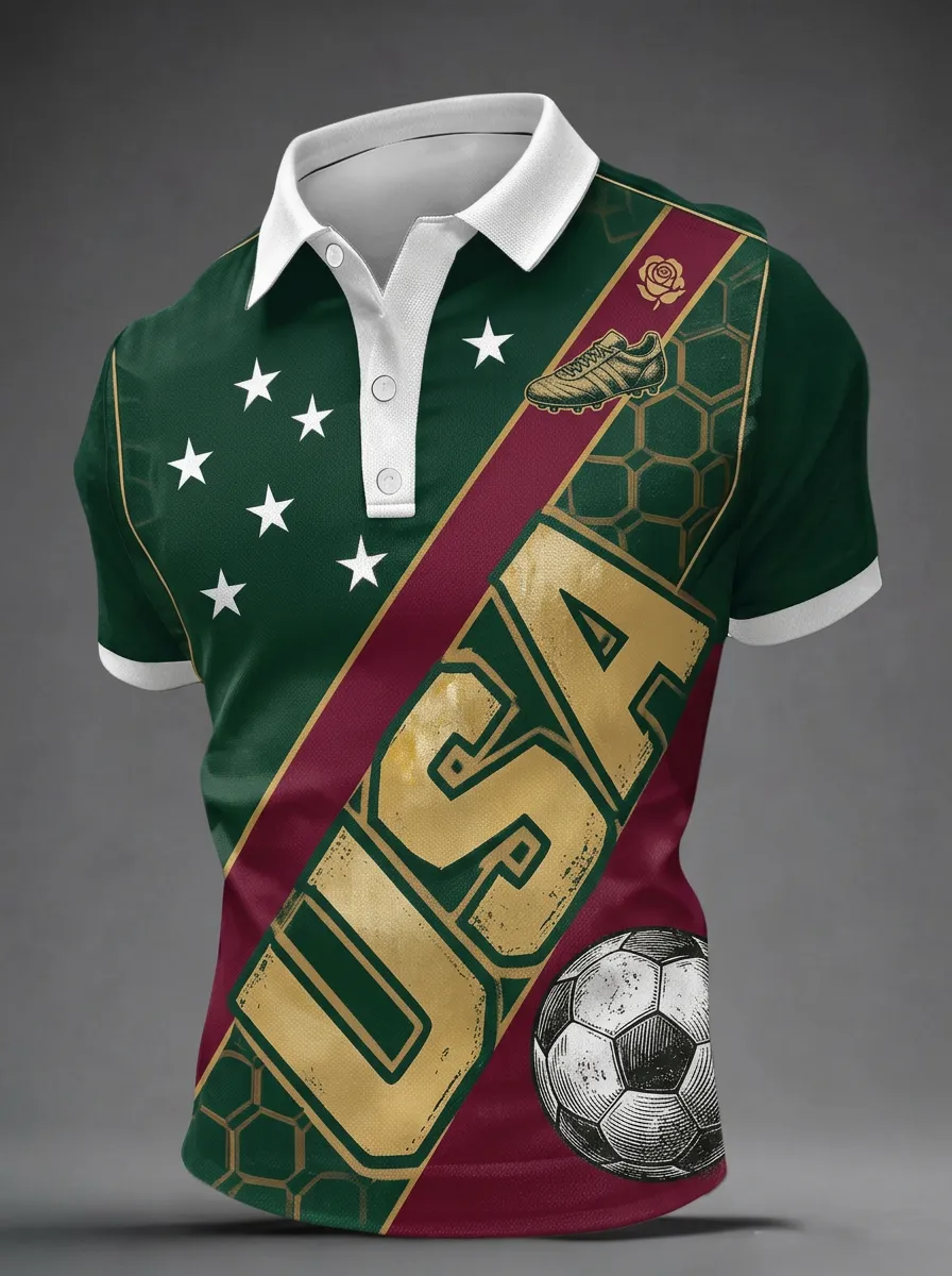 Men's USA Soccer Fan Stars and Ball Printed Polo Shirt