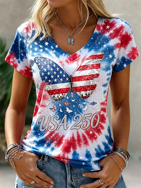 Women's USA 250 Tie Dye Flag Rhinestone Butterfly Print V Neck T-shirt