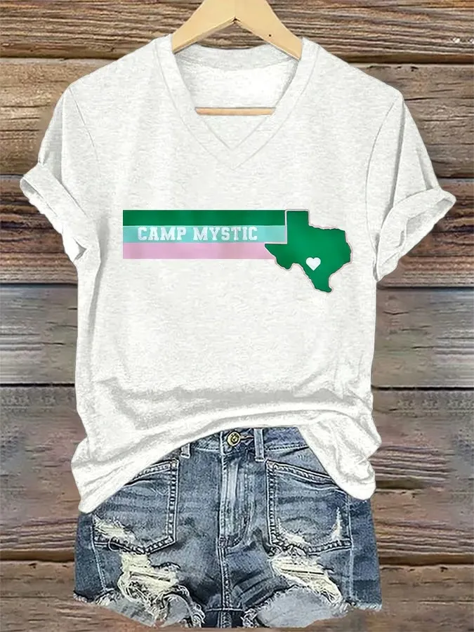 Women's Retro Camp Mystic Pink And Green Texas Strong Print T-Shirt