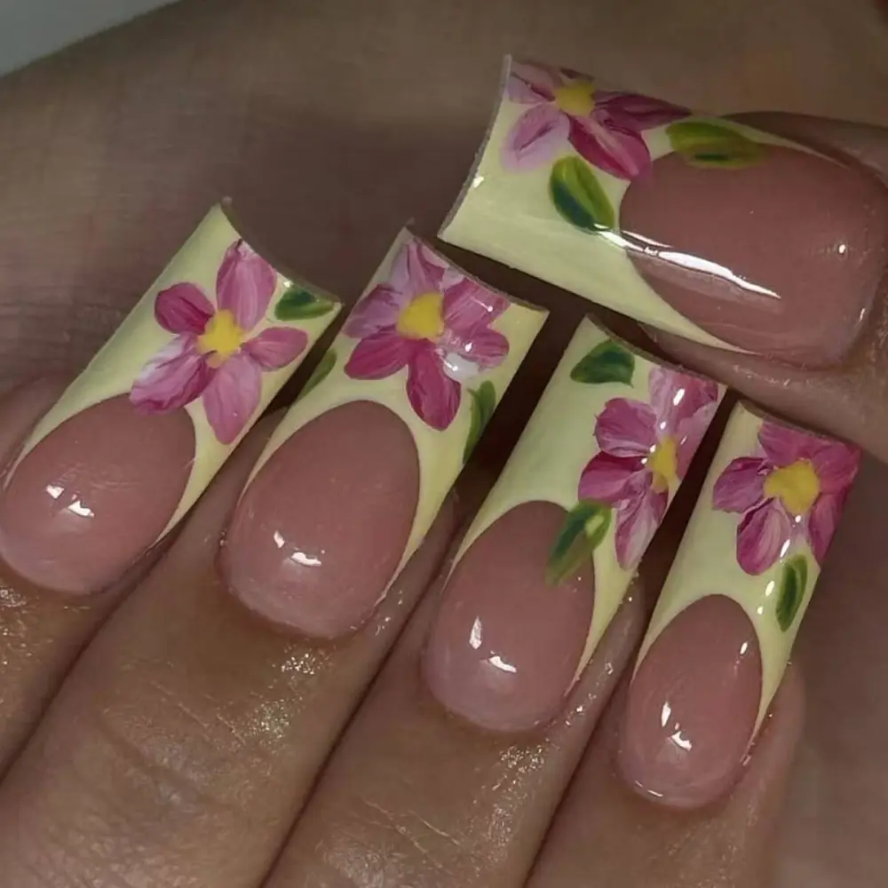 Nailhour 24Pcs Vintage Floral Long Square Press On Nails
