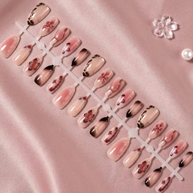 Nailhour 30Pcs French Brown Gradient Floral Medium Almond Press On Nails
