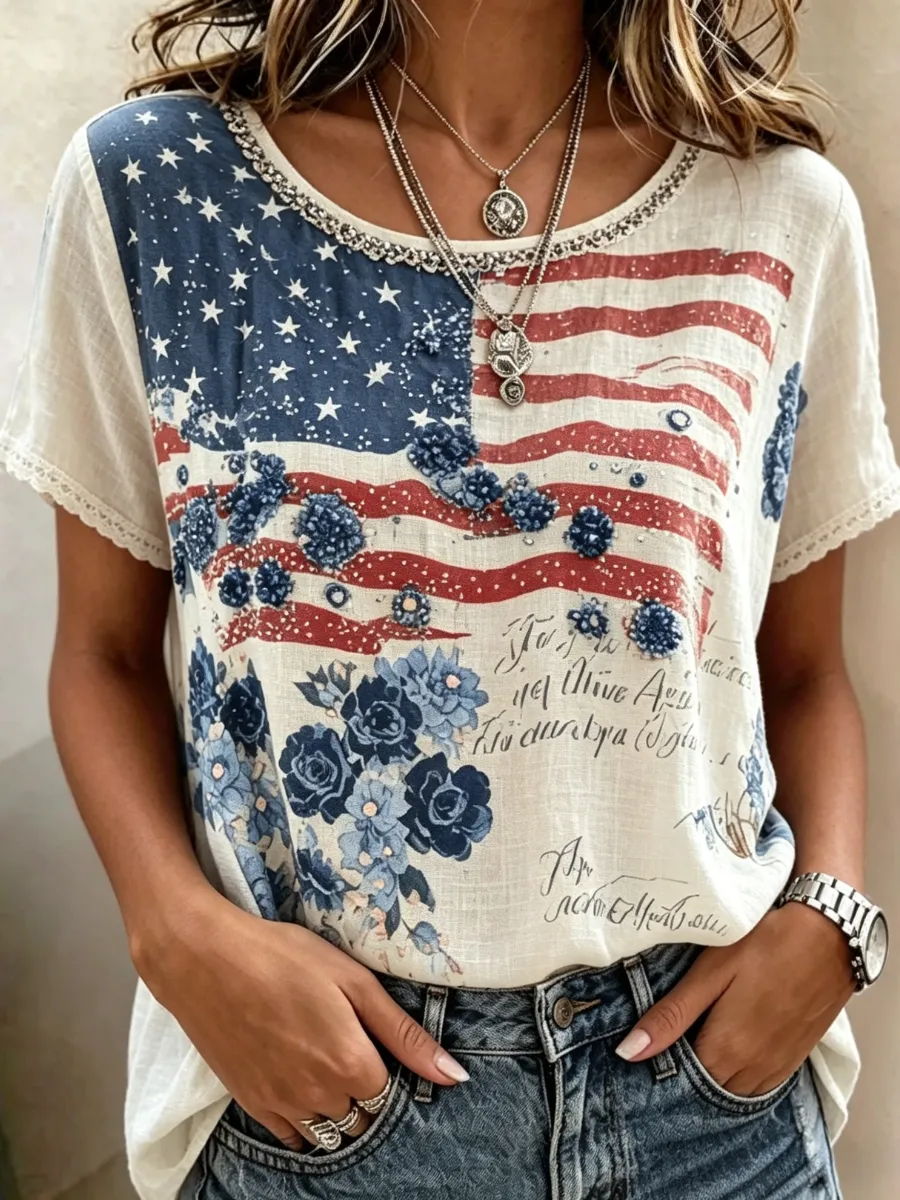 Women's American Flag Flowers Linen Short-sleeved T-shirt