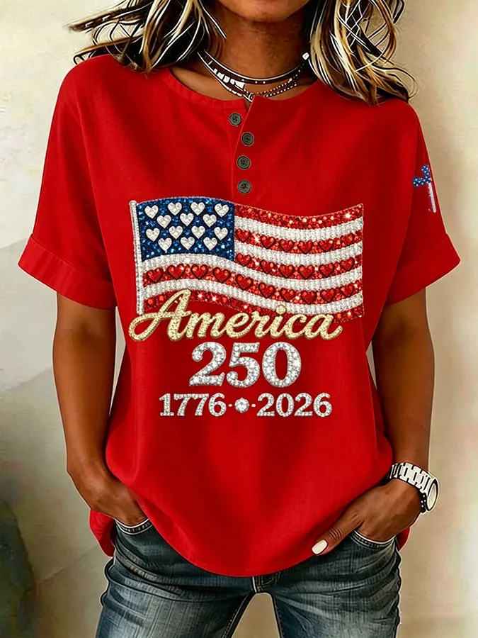 Women'S Casual America Flag Print Cotton Linen Button-Down Shirt