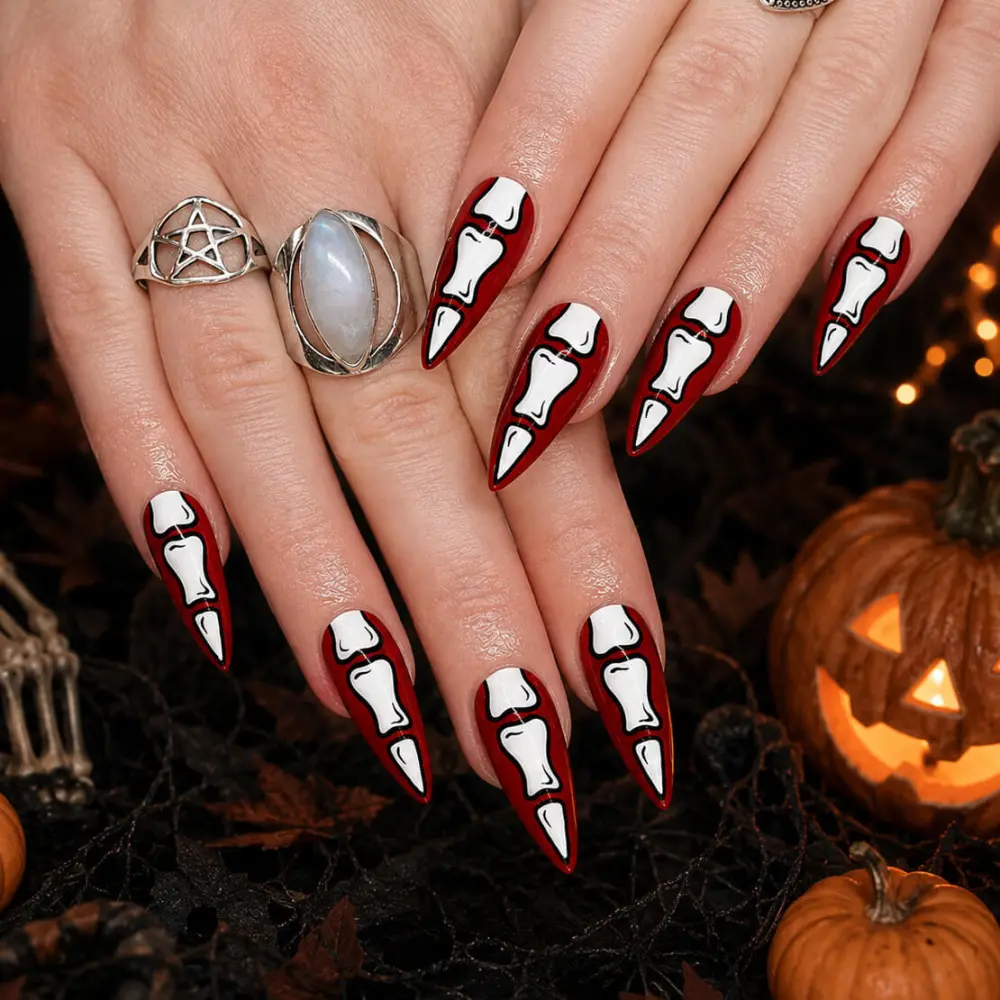 Nailhour 24Pcs Halloween Medium Almond Bloody Bones Press On Nails