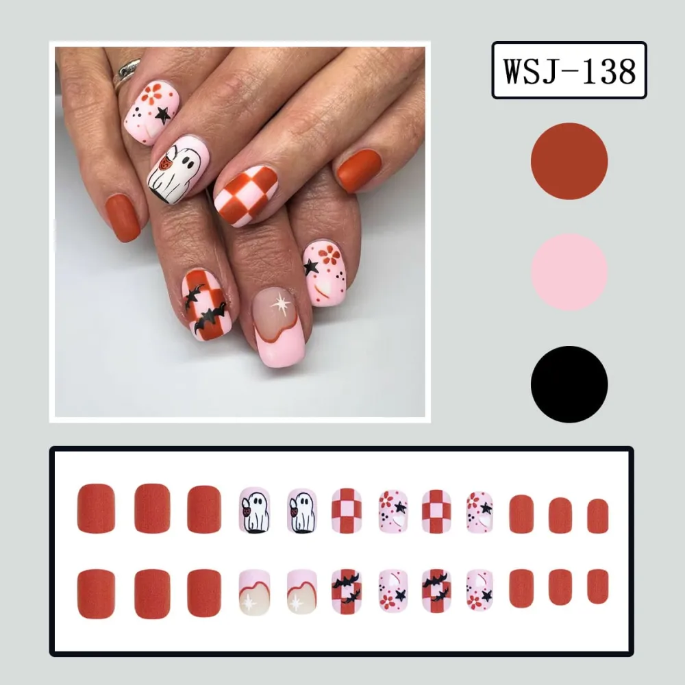 Nailhour 24Pcs Halloween Multicolor Cute Ghost Short Square Press On Nails